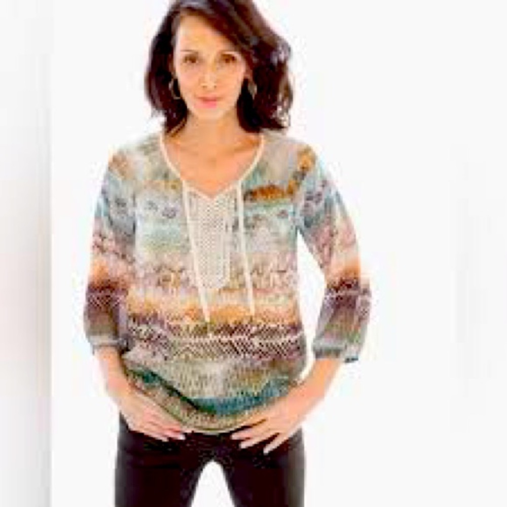 Chico’s earthtone boho 3/4 sleeve crochet trim tie neck blouse top, medium.